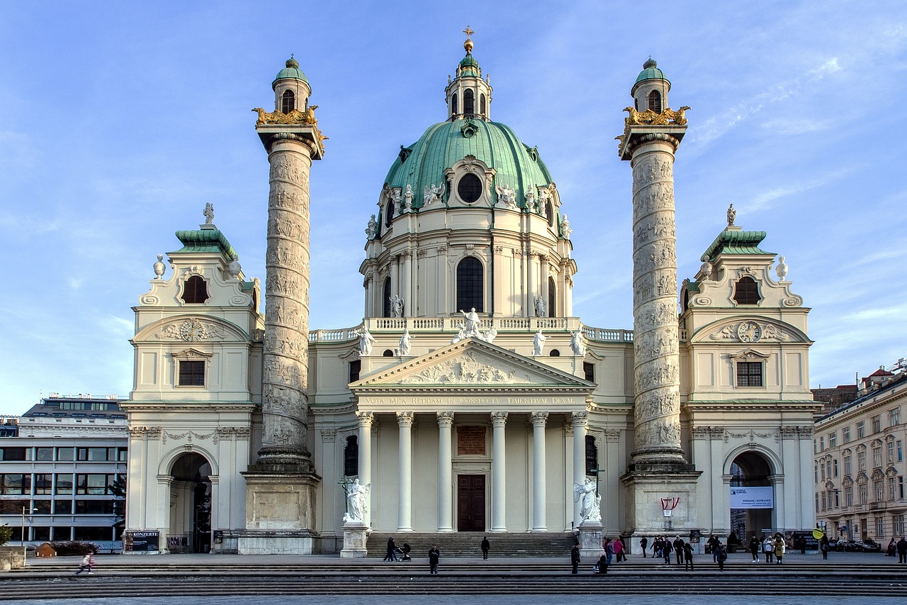 Magnificent view of Karlskirche (St. Charles Church) in downtown Vienna, Austria.