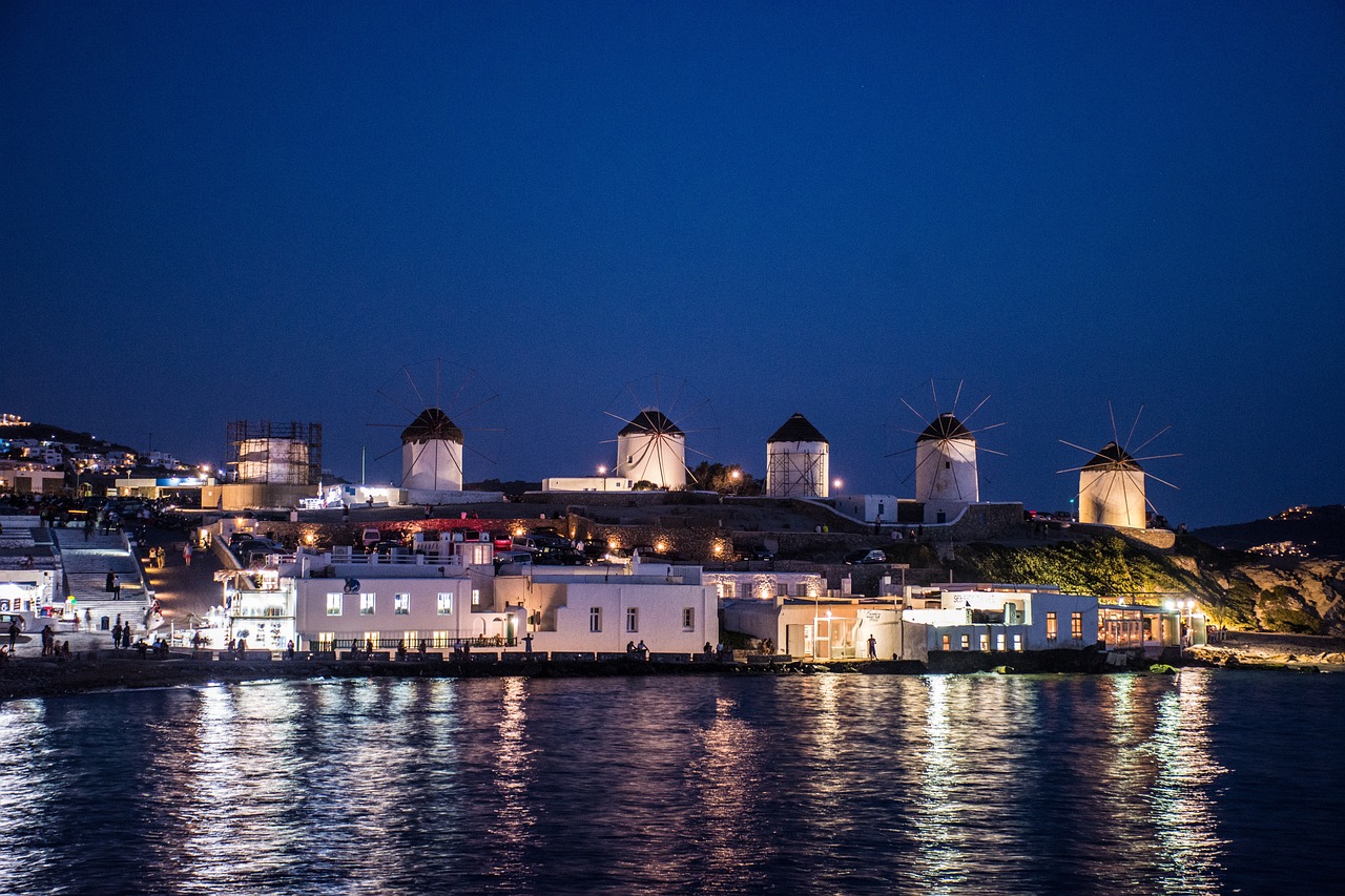 Sunset view of Little Venice, a stunning waterfront area in Mykonos.