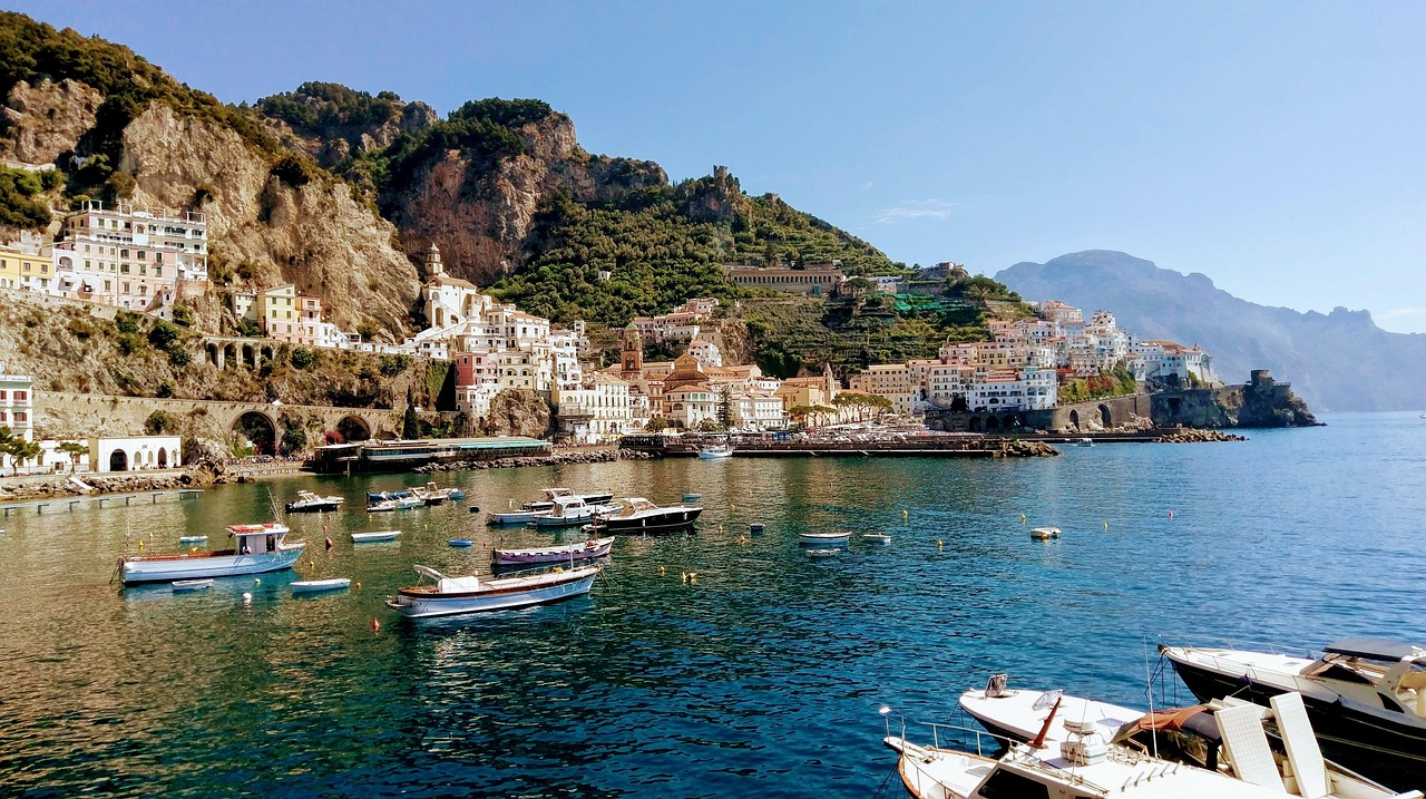 The colorful village of Positano cascading down to the sea.